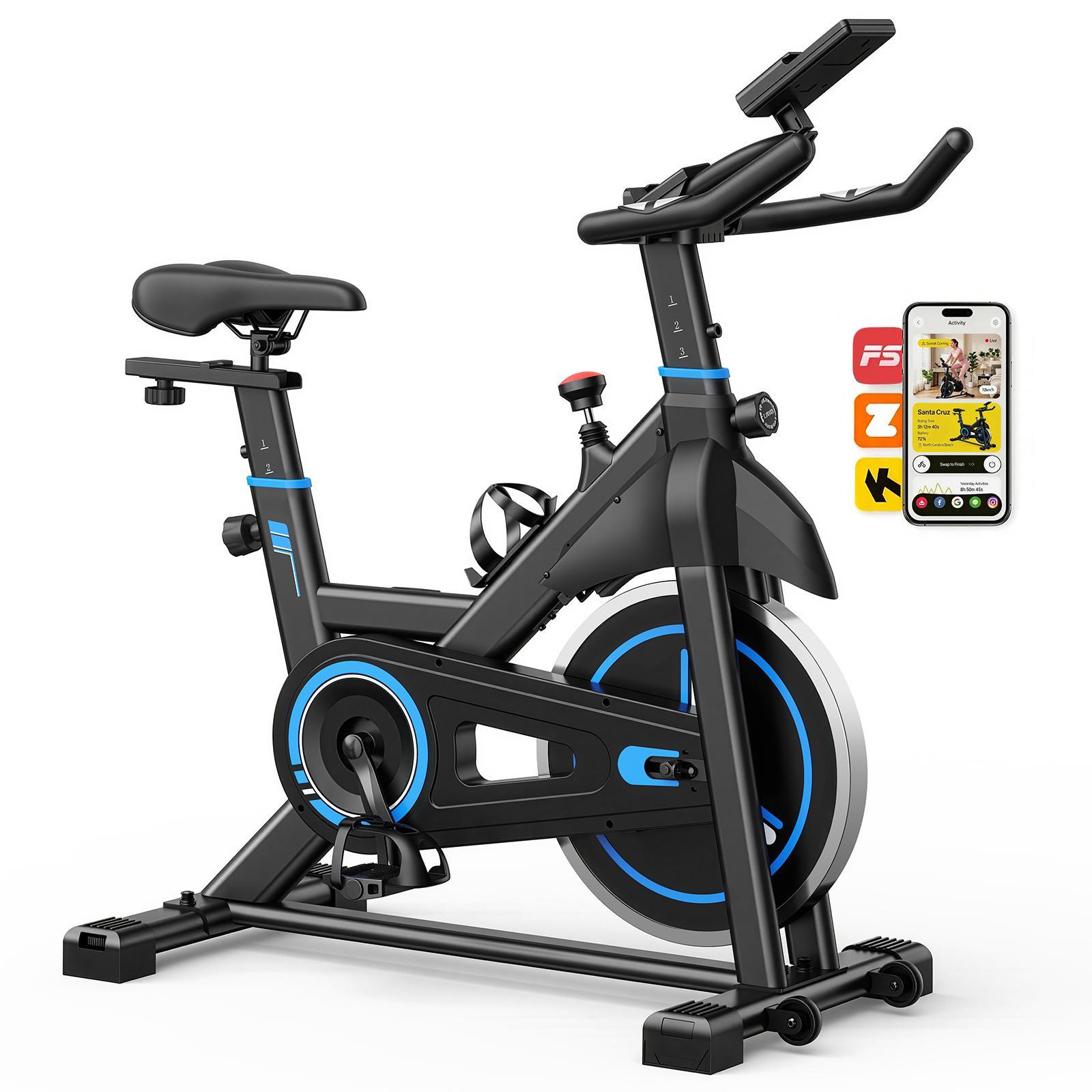 Upright fitness bike with LCD display, adjustable seat and handlebars, blue accents