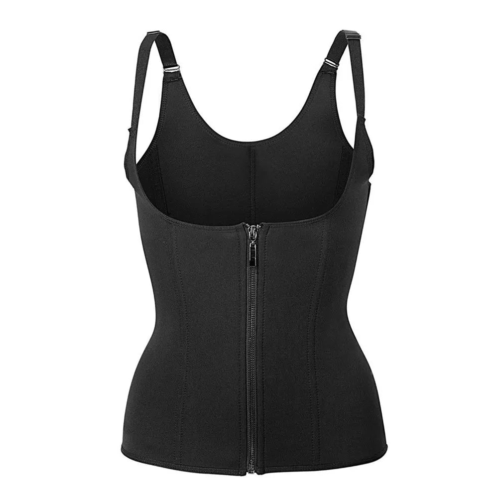 Black front zipper support belt with underbust cups and adjustable shoulder straps