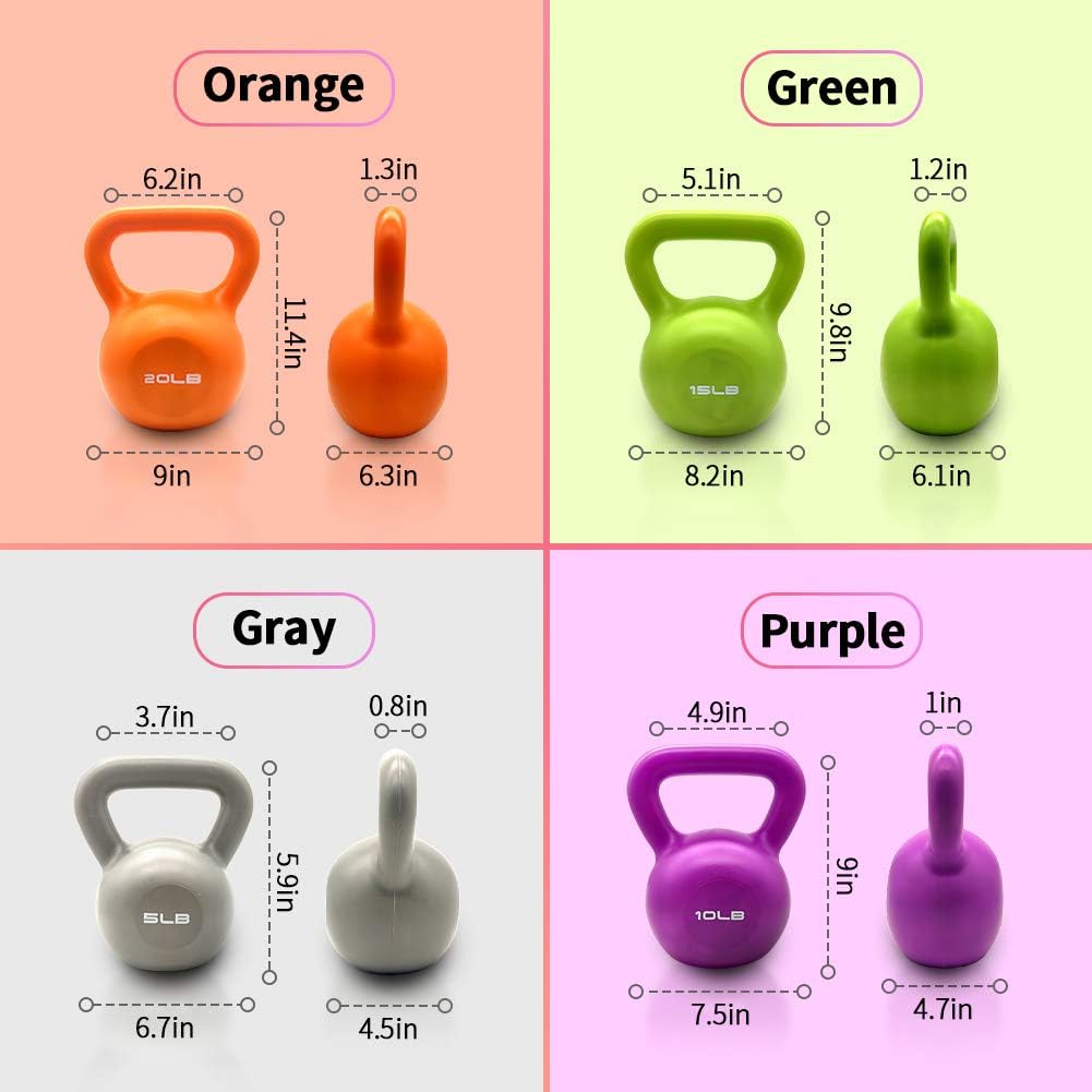 Kettlebell size chart showing green kettlebell with handle and base measurements