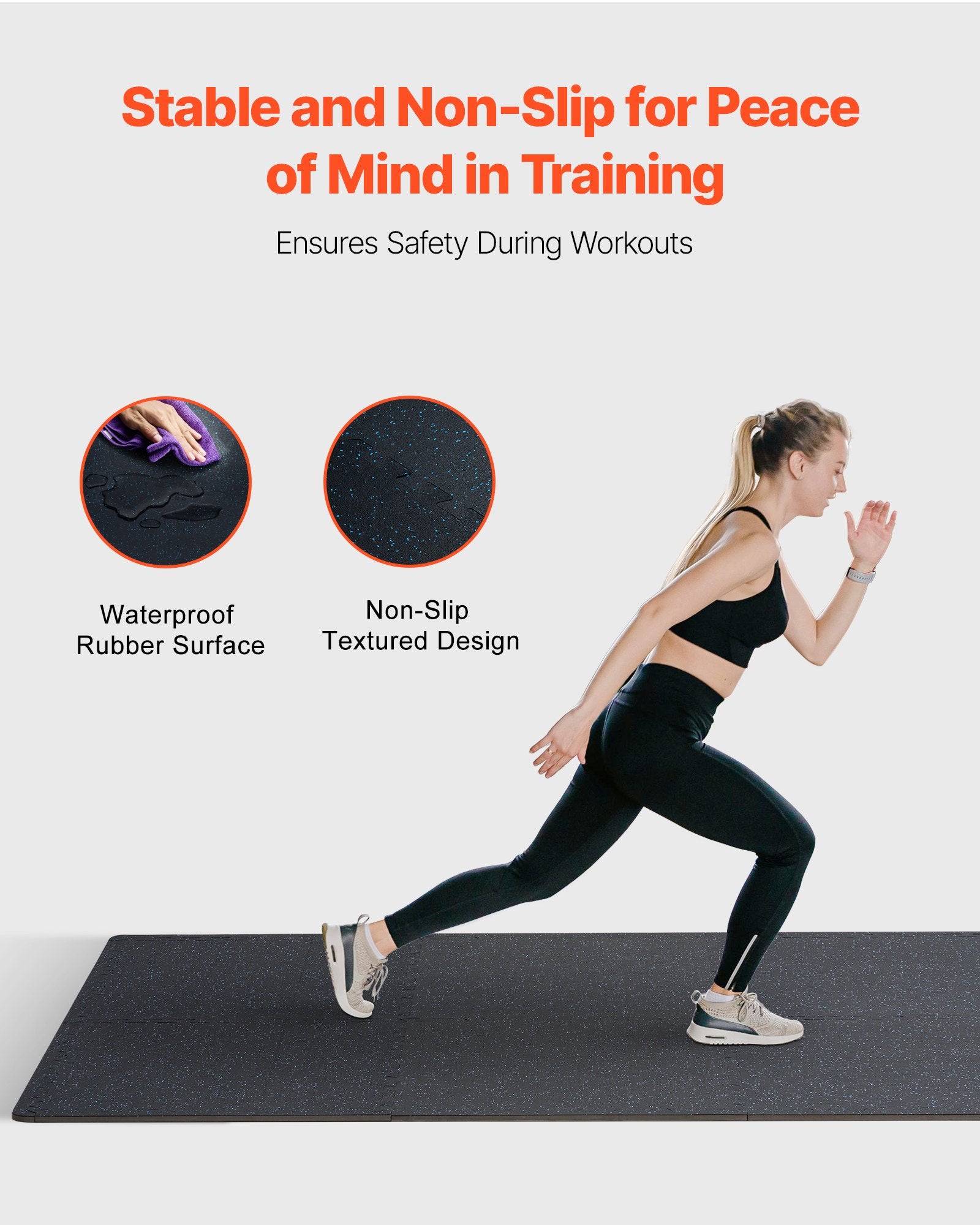 Dark gray gym floor mat with non-slip textured surface for workouts