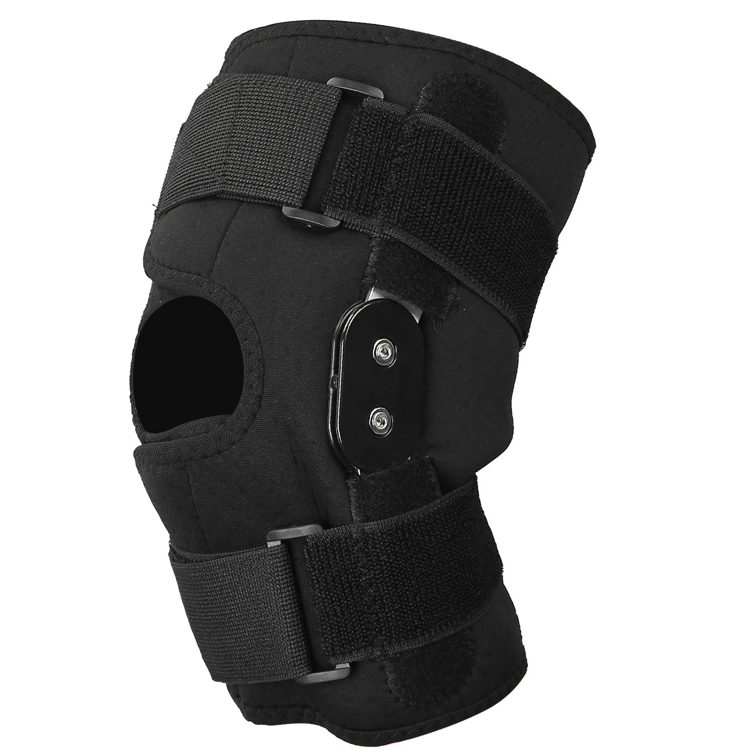 Black adjustable open-knee knee sleeve with hinged support and two straps