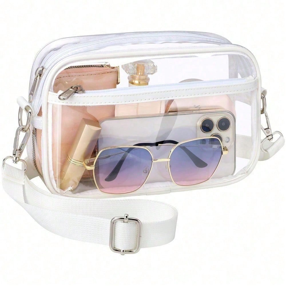 Clear crossbody bag with white adjustable strap and zipper, see-through front