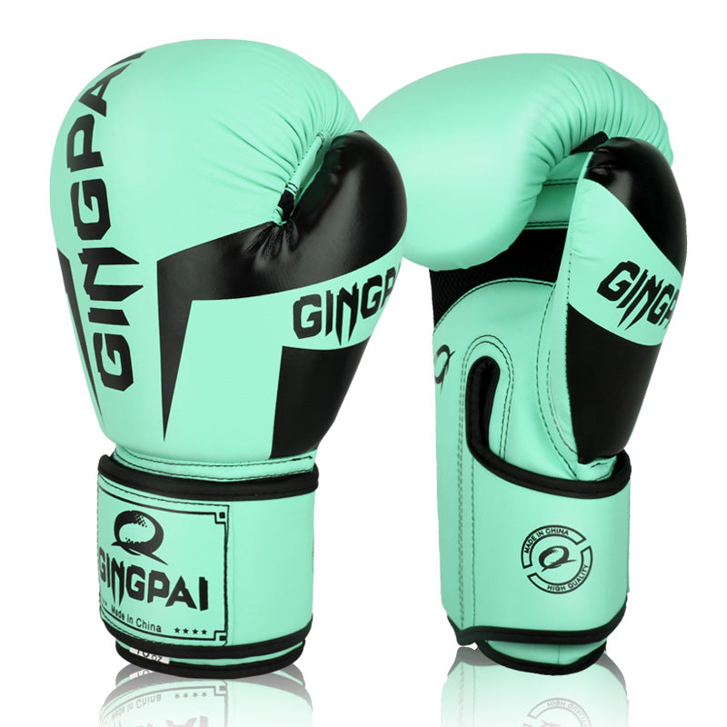 Boxing training gloves in mint green with black accents and stitched wrist logo