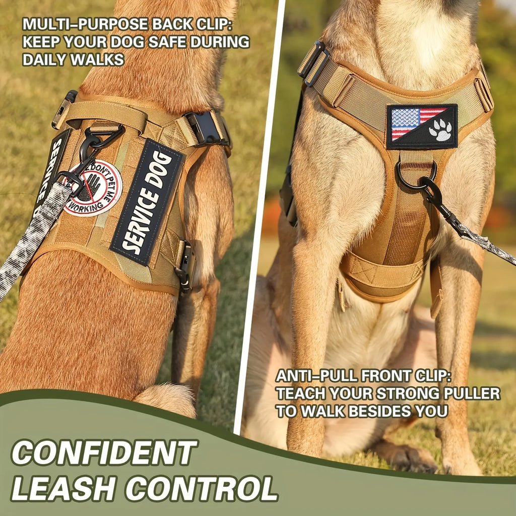 Tan service dog harness vest with anti-pull front clip and back safety clip