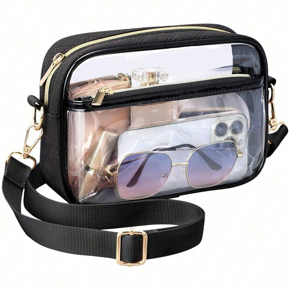 Black clear crossbody bag with wide crossbody strap and front zip pocket