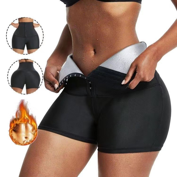 Black sauna sweat shorts with adjustable front hook waistband and smoothing panel