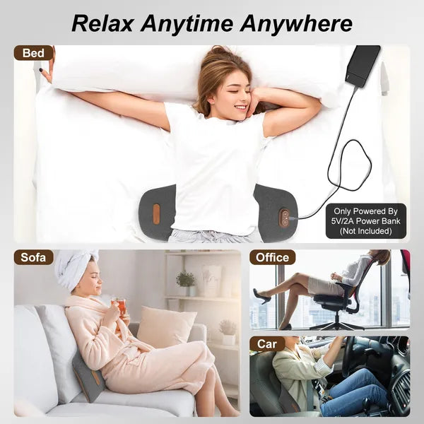 Dark grey lumbar massager pillow shown in home, office, car, and sofa use