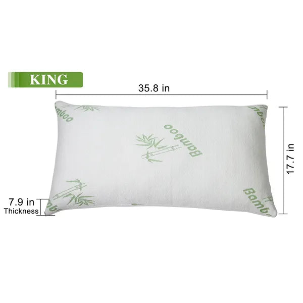 King-size bamboo memory foam pillow with green bamboo logo print on white cover