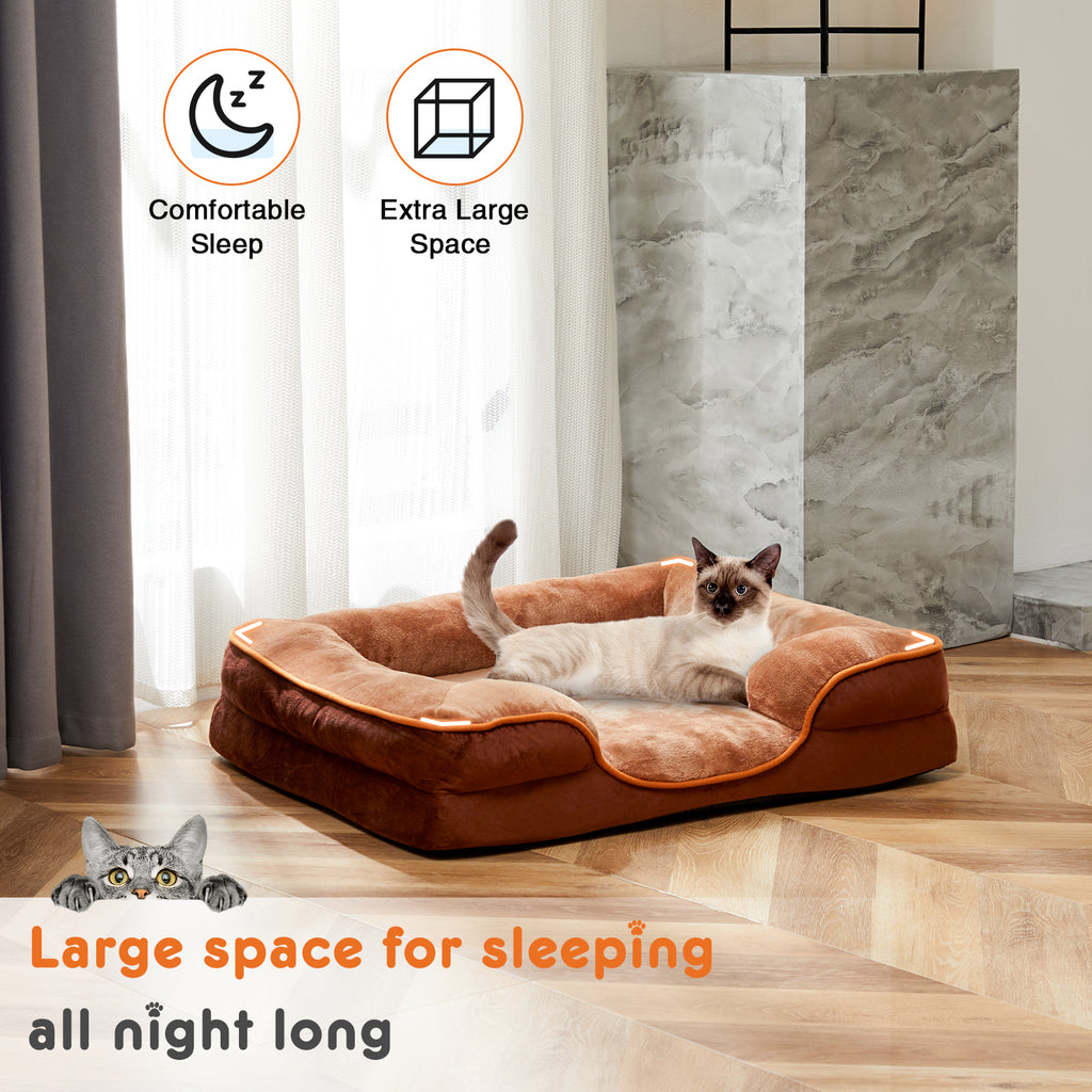 Brown/tan pet bed with thick cushioned sides, large sleeping area for small pets