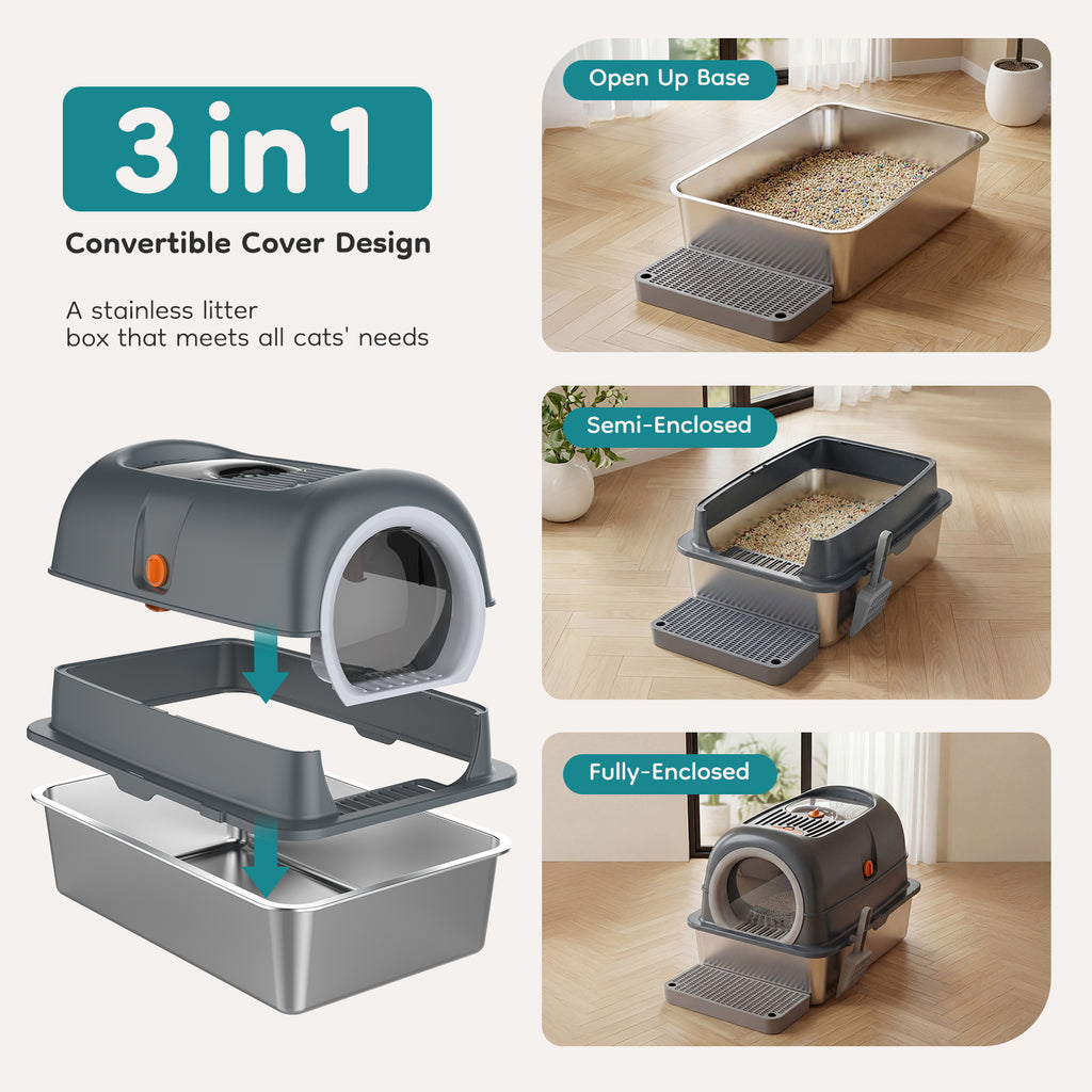 Convertible cat litter box cover showing open, semi-enclosed, and fully-enclosed configurations