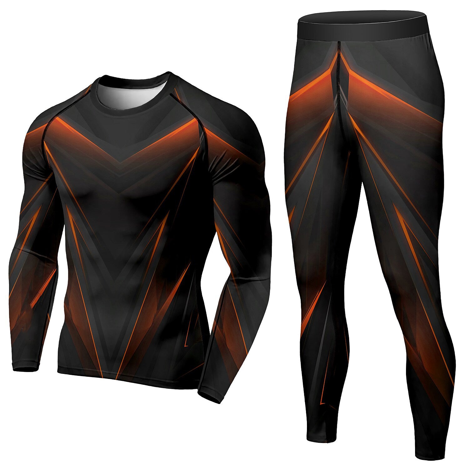 Men's black long-sleeve compression top and leggings set with orange geometric accents