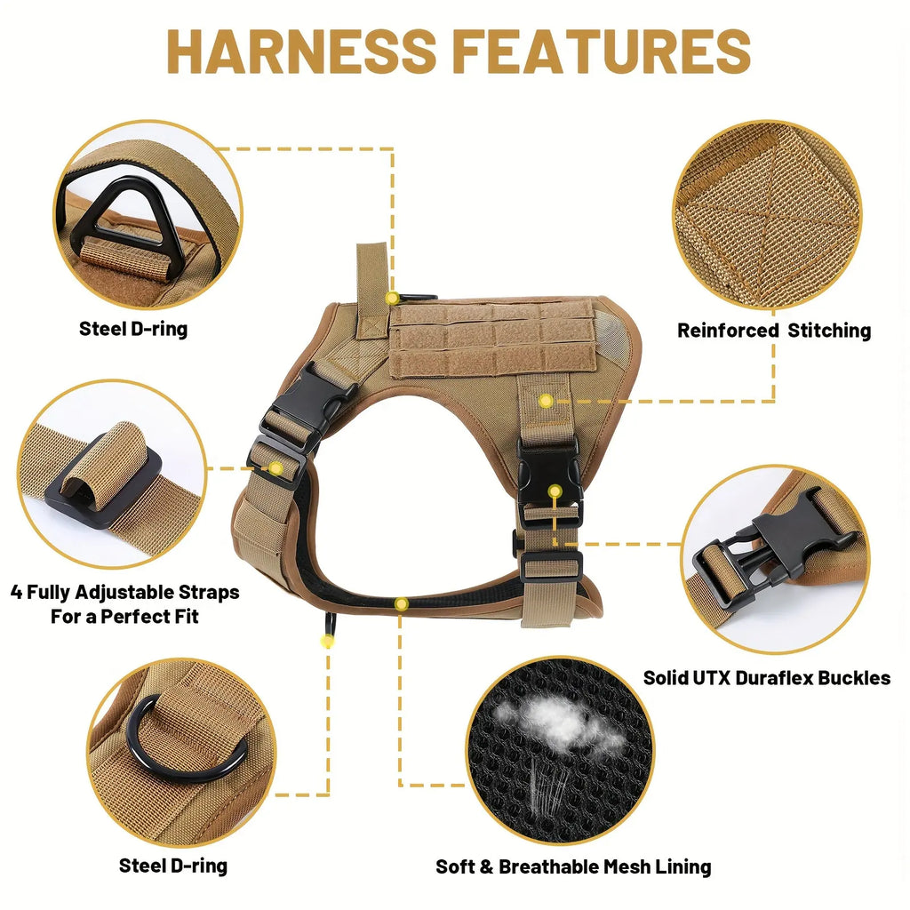 Tan harness features diagram: adjustable straps, reinforced stitching, breathable mesh lining