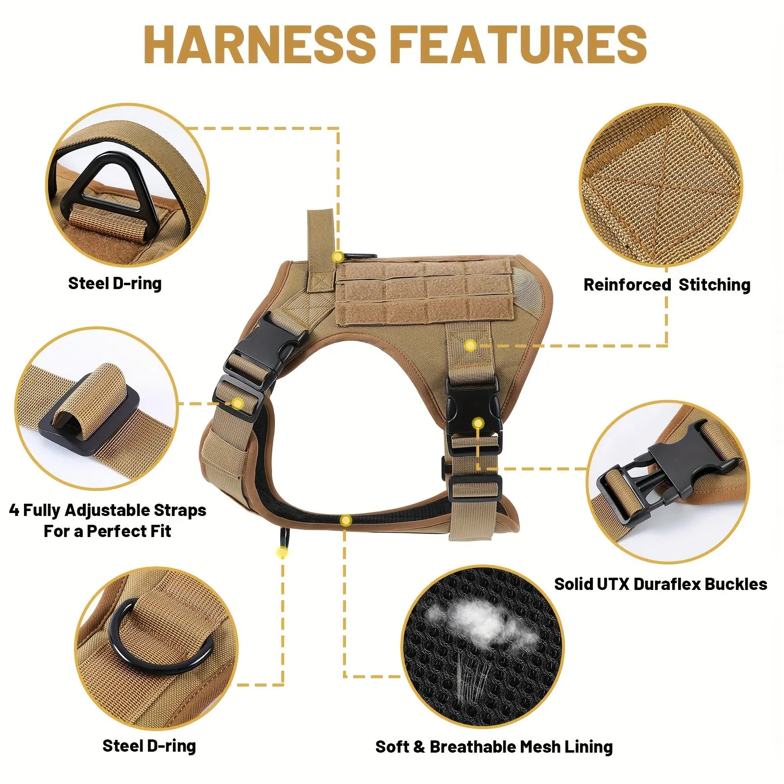 Tan harness features diagram: adjustable straps, reinforced stitching, breathable mesh lining