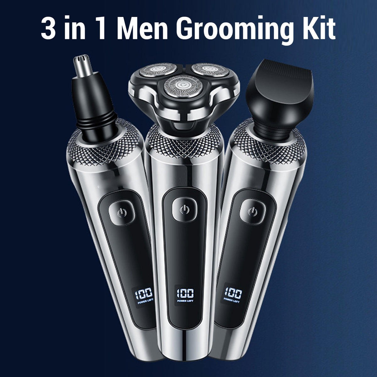 Three-piece rechargeable men's grooming kit with three shaver heads