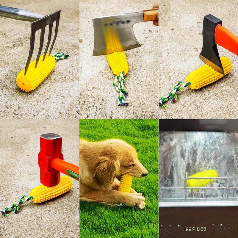 Yellow ridged corn chew toy with green cotton rope tail on concrete
