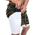 Men’s quick-dry shorts in dark green camo with phone pocket and drawstring waist