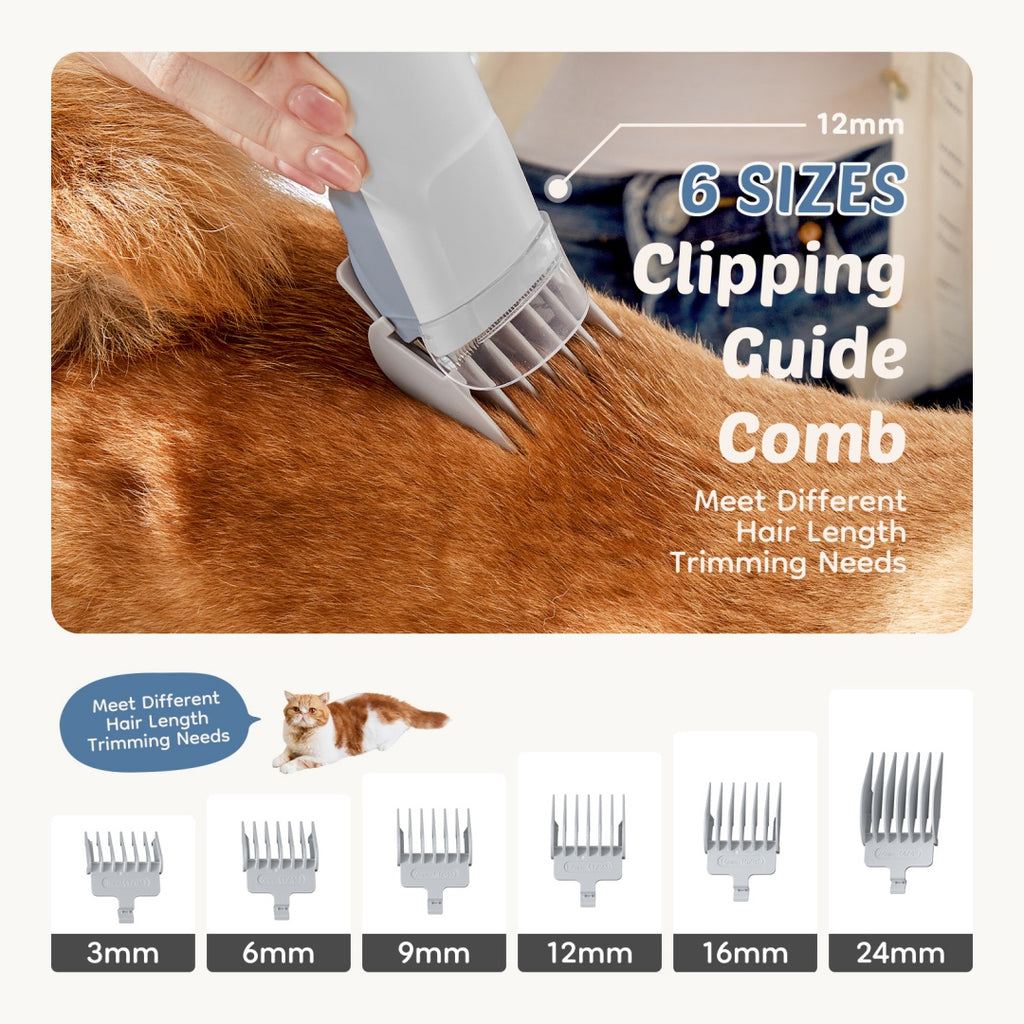 Clipping guide comb set with handheld grooming clipper on brown pet fur
