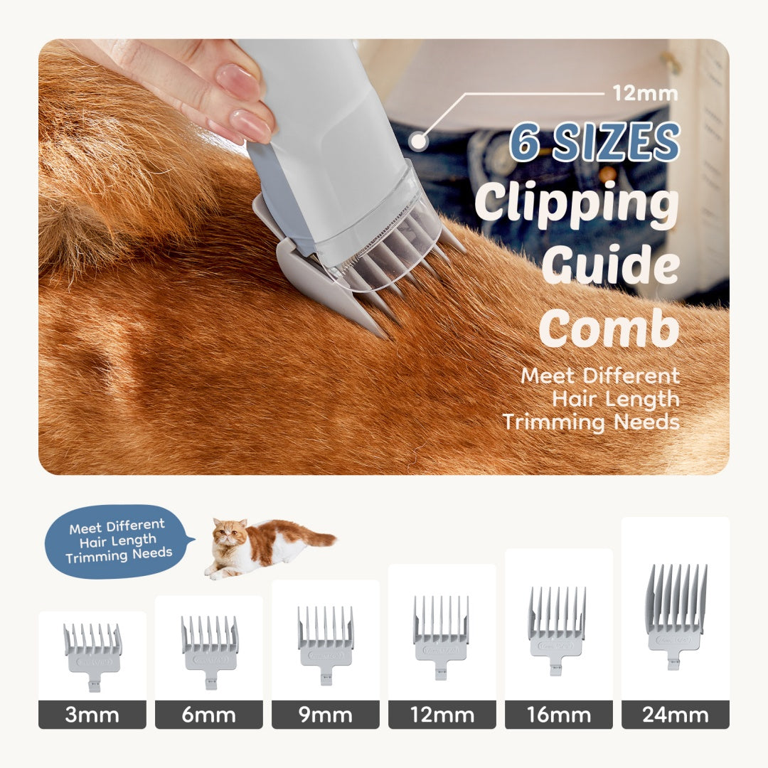 Clipping guide comb set with handheld grooming clipper on brown pet fur