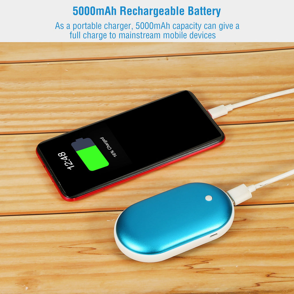 Hand warmer and power bank, blue oval charging a smartphone with visible battery level screen.