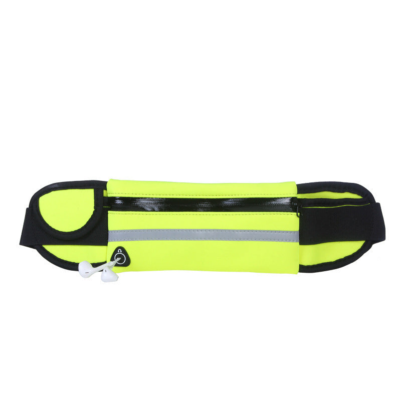 Neon green running belt fanny pack with top zip and light gray reflective stripe