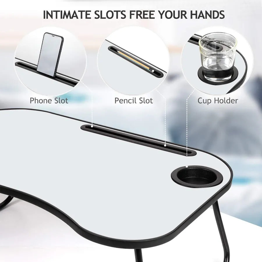 Foldable lap desk with phone slot, pencil slot, and cup holder opening on top