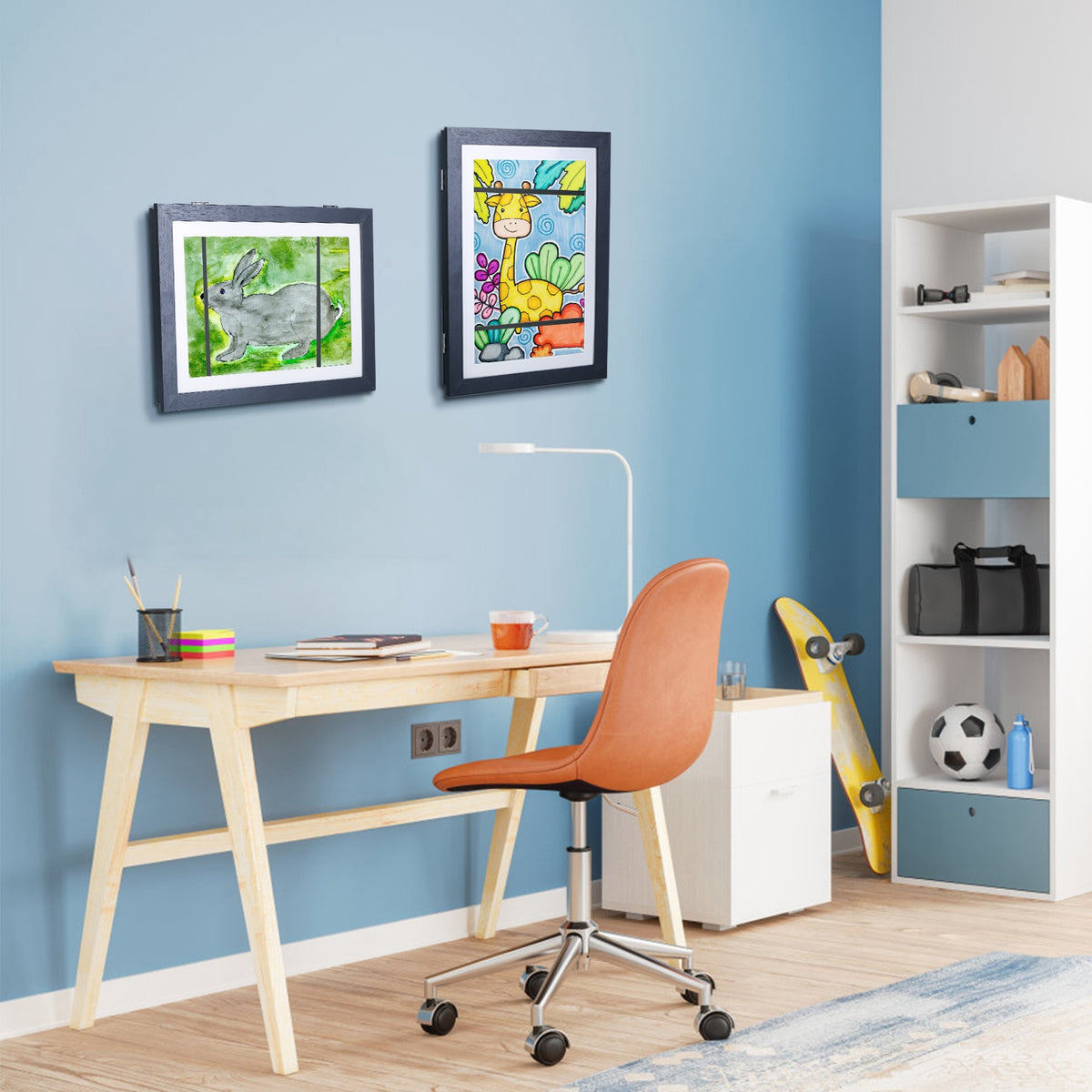 A4 front-opening black art frame with glass, opened view holding a colorful picture.