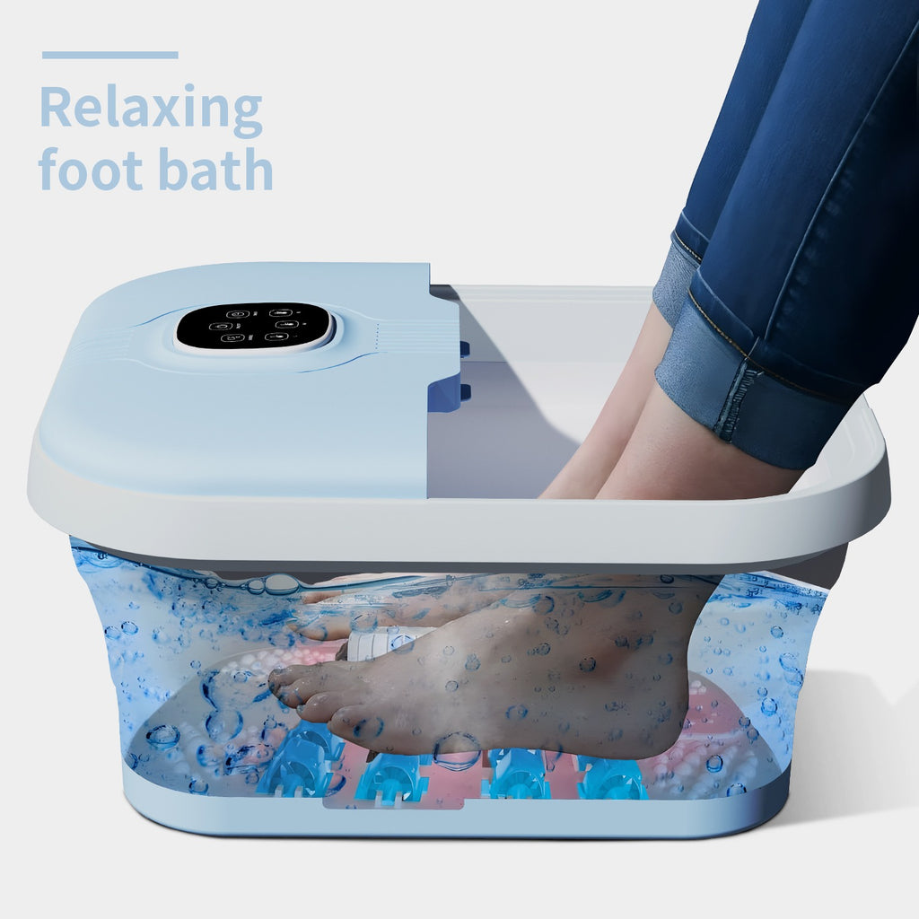 Electric foot spa with heated foot bath and bubble water; person’s feet soaking inside