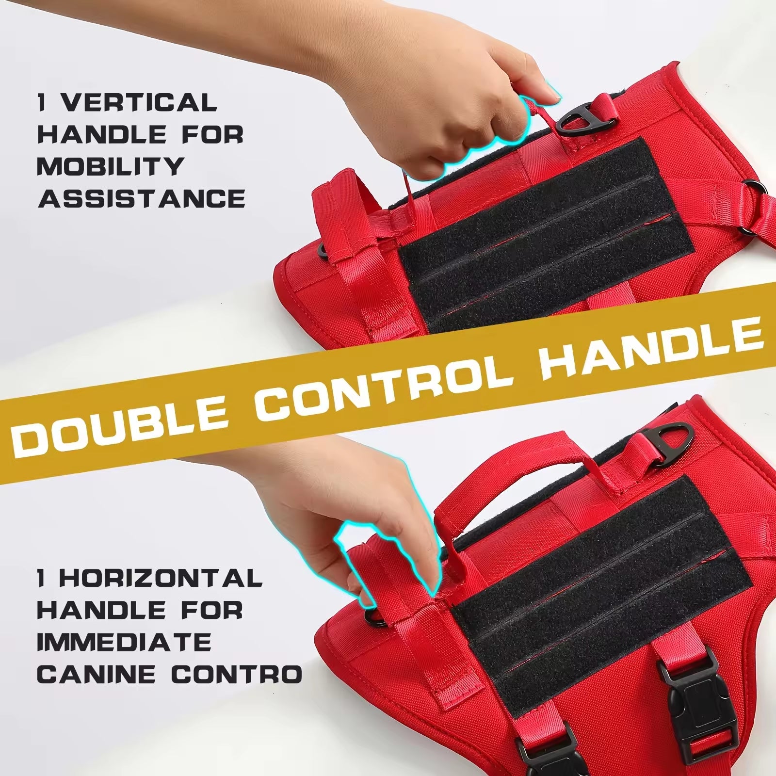 Red dog harness vest with double control handle, vertical handle, and side straps