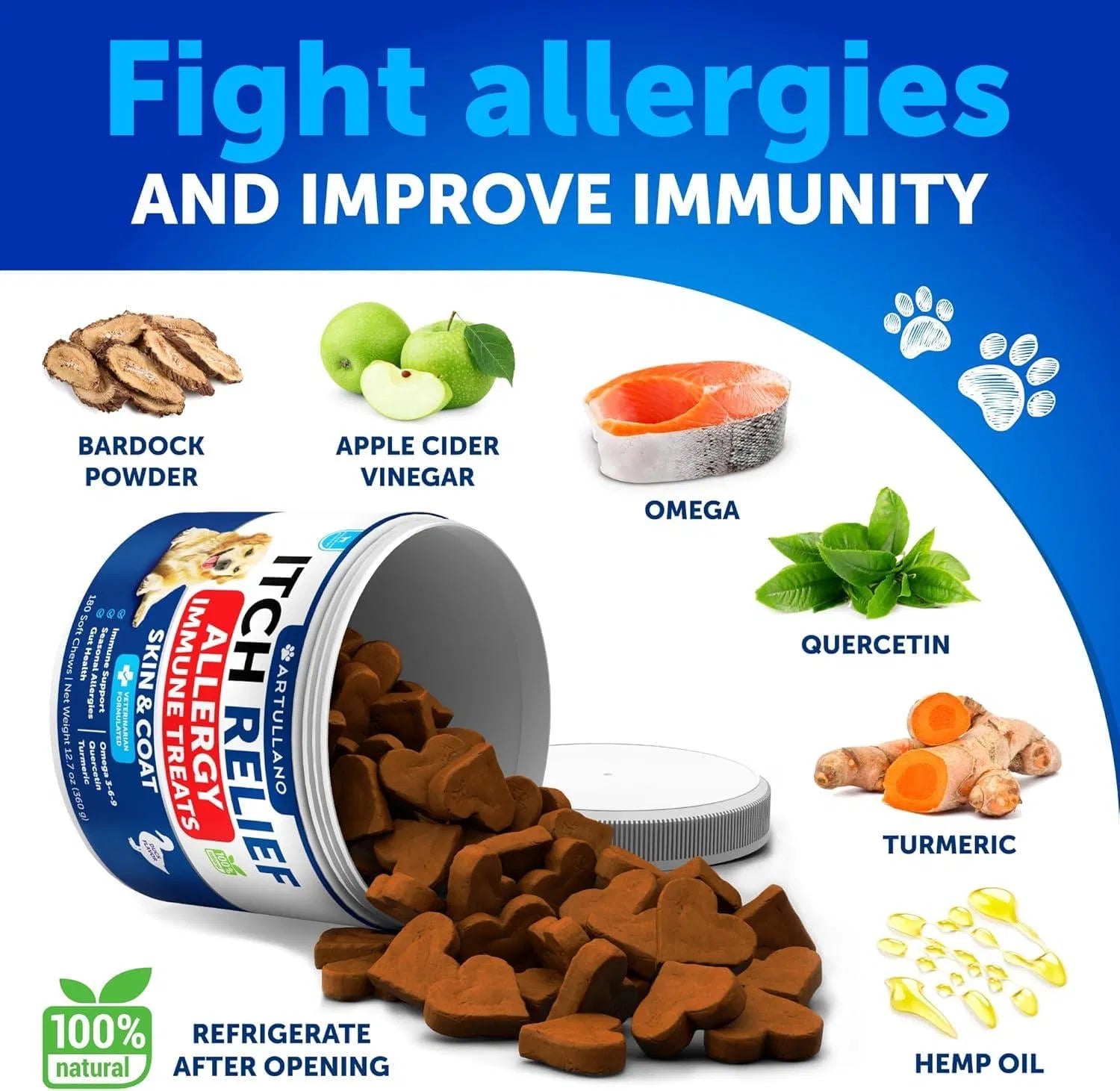 Dog probiotic chews with ingredient icons around a supplement container