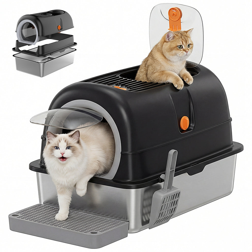 Double-entry convertible cat litter box with dark gray hood, circular door, and gray base