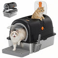 Double-entry convertible cat litter box with dark gray hood, circular door, and gray base
