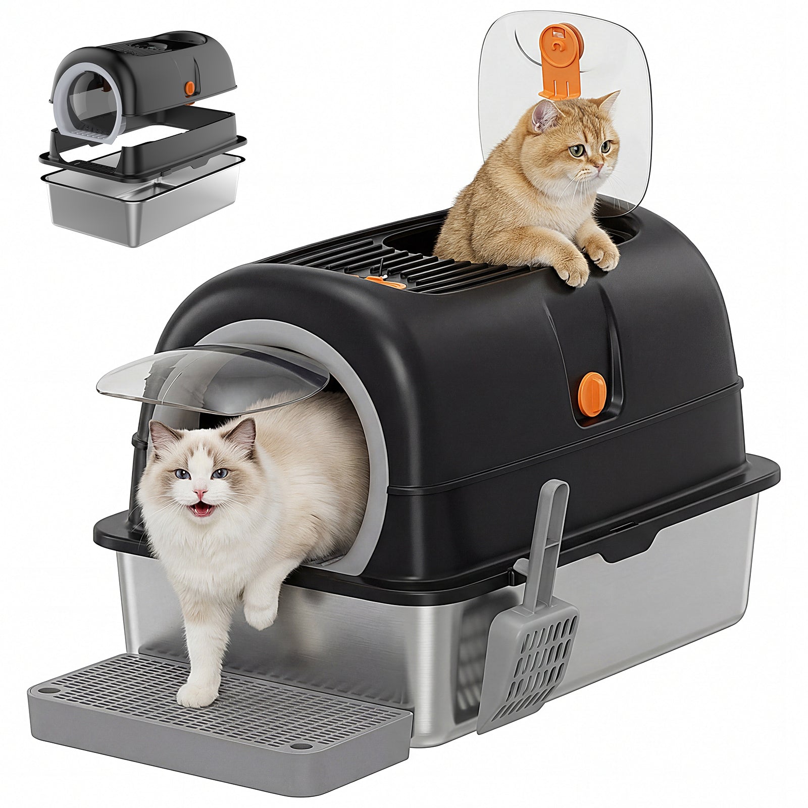 Double-entry convertible cat litter box with dark gray hood, circular door, and gray base