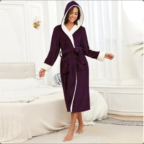 Oversized hooded bathrobe in burgundy with white-trim hood and tie belt, plush flannel