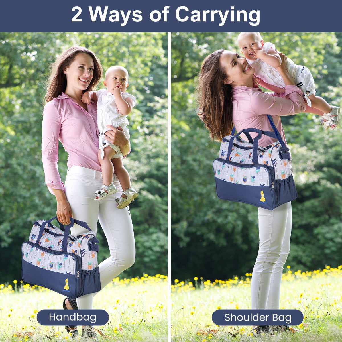 Navy diaper bag set carried as a shoulder bag with top handles
