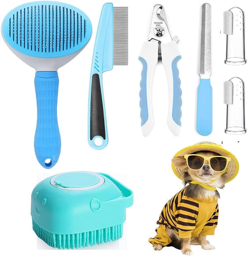 Blue pet grooming kit with self-cleaning brush, comb, nail clipper, and bath brush set