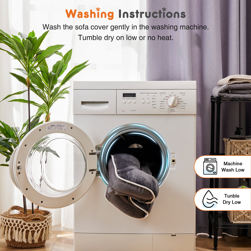 Grey pet bed cover being washed in a washing machine; removable cover