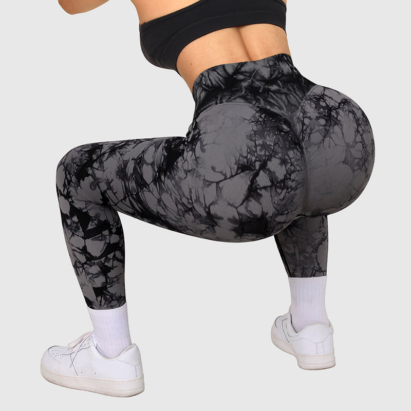 High-waist tie-dye seamless leggings in black with dark gray swirled pattern