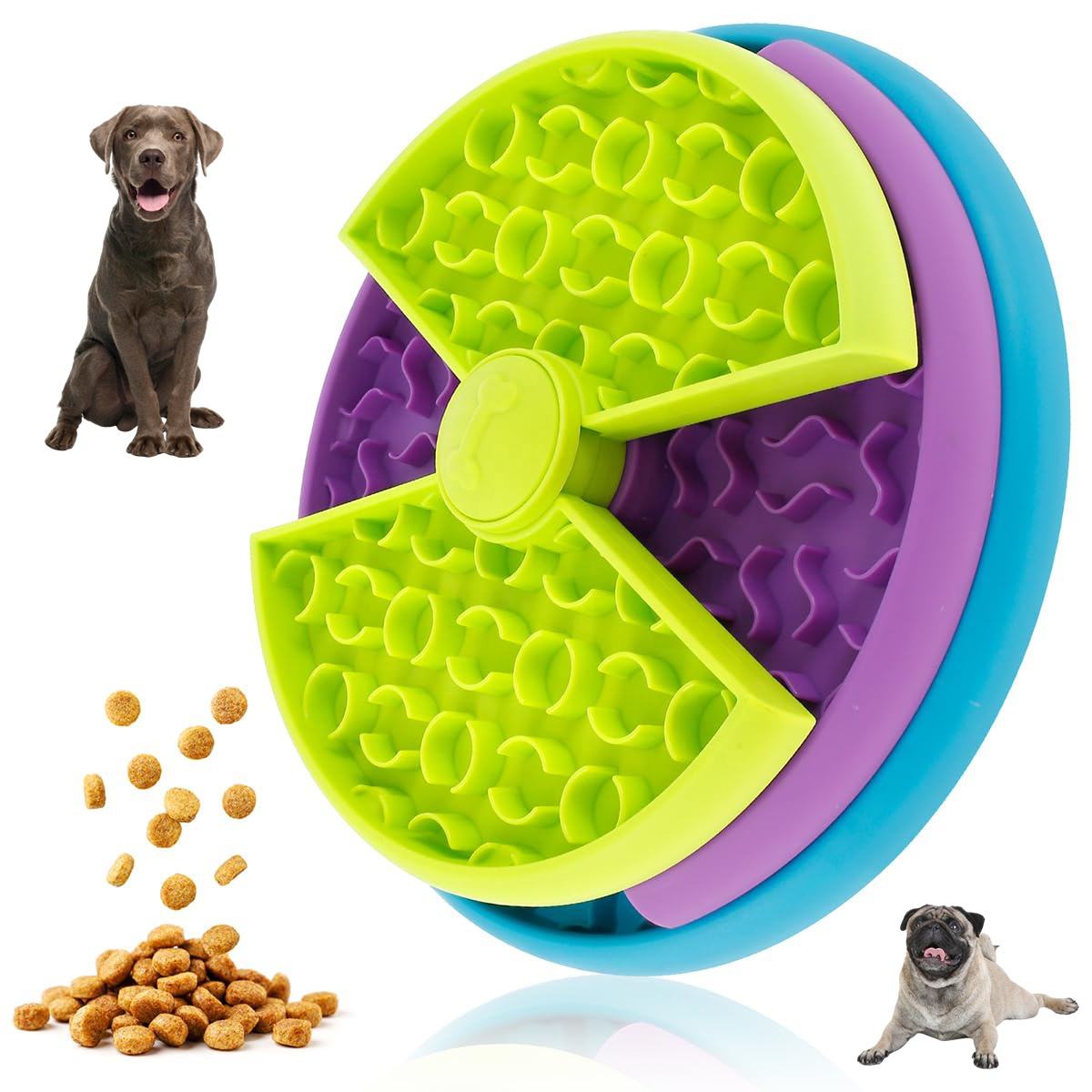 Green interactive dog feeder puzzle bowl with rotating divider and textured pads
