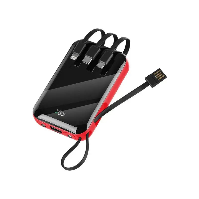 Red and black wireless power bank with lanyard, charging cable, and USB ports.