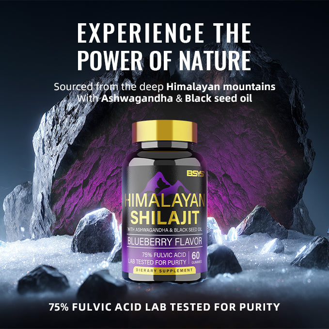 Himalayan shilajit blueberry flavor bottle with gold cap, 75% fulvic acid, 60 gummies