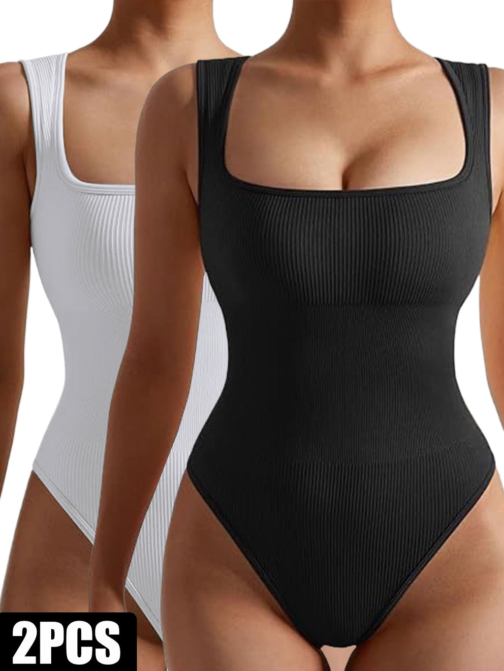 2-pack seamless ribbed romper bodysuit, black and white, scoop neck, sleeveless