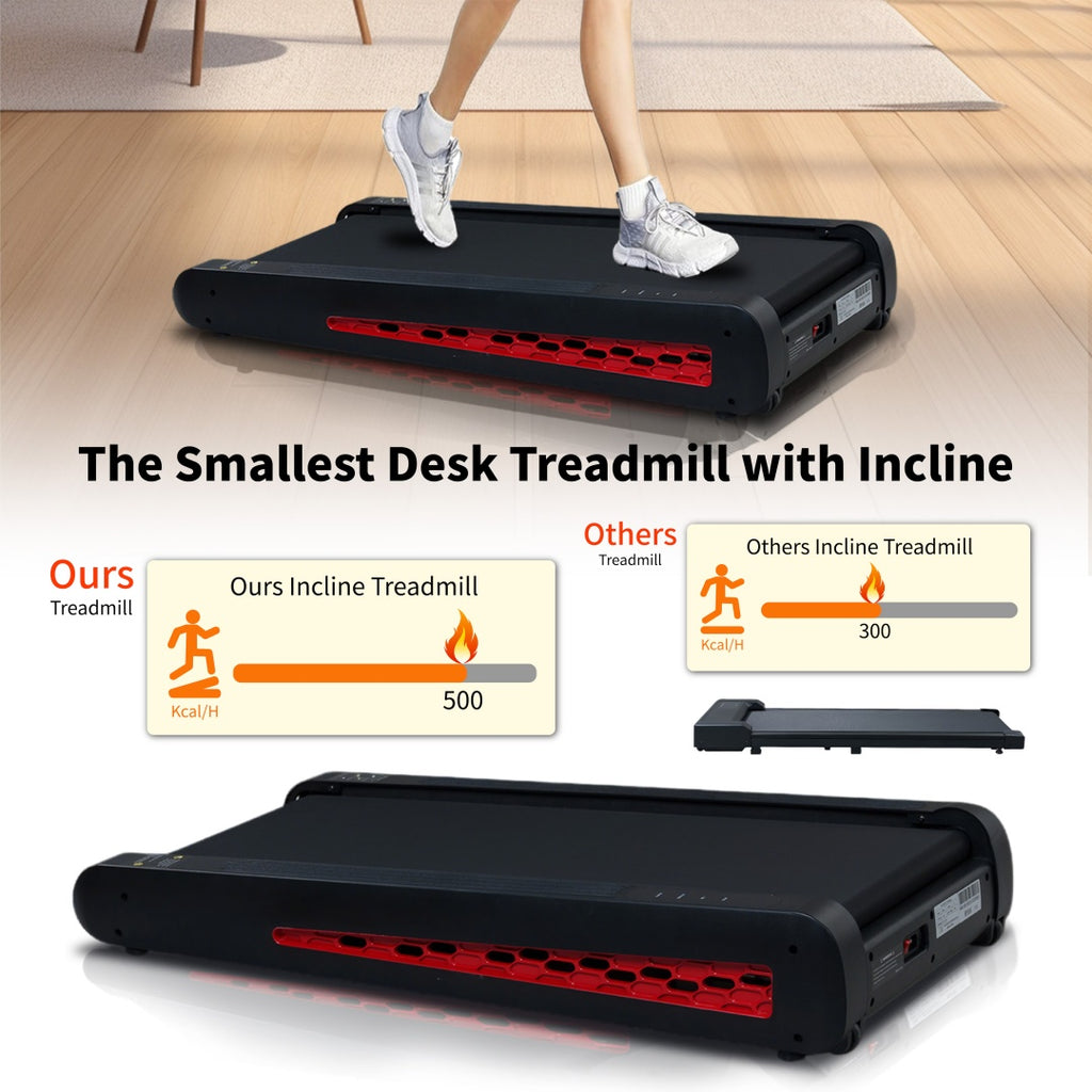 Black under-desk incline walking pad treadmill with red vent strip and side ports
