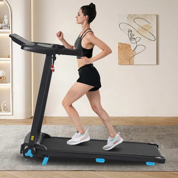 Folding treadmill with black running surface and blue under-deck lights for training