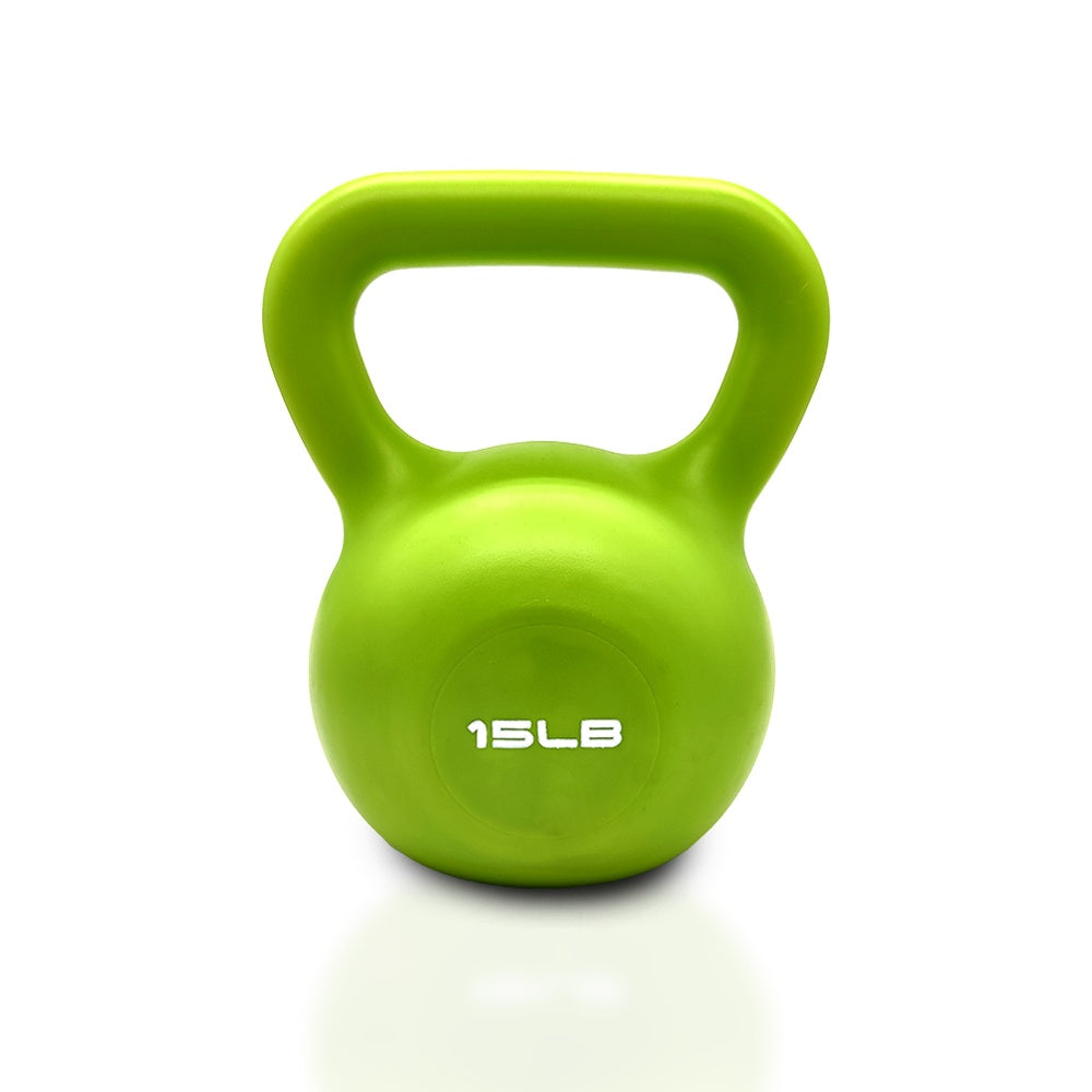 15 lb vinyl coated kettlebell, green, front view with handle opening and weight label