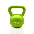 15 lb vinyl coated kettlebell, green, front view with handle opening and weight label