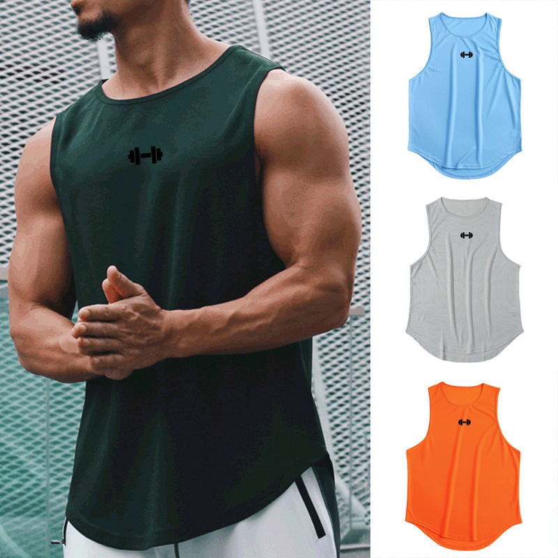 Men's sleeveless fitness vest in dark green, crew neck, barbell logo
