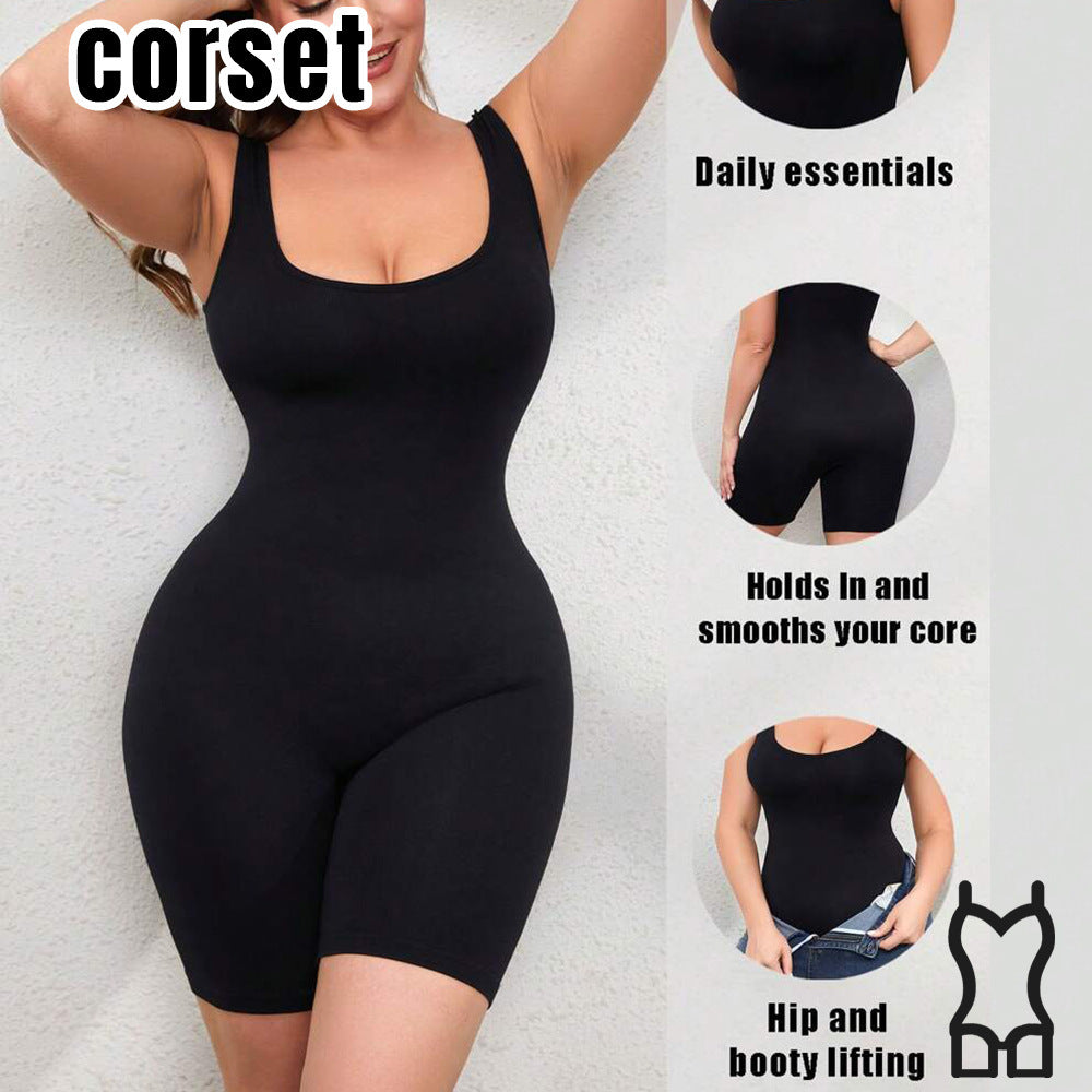 Black sculpting bodysuit with shapewear shorts; holds in and smooths the waist