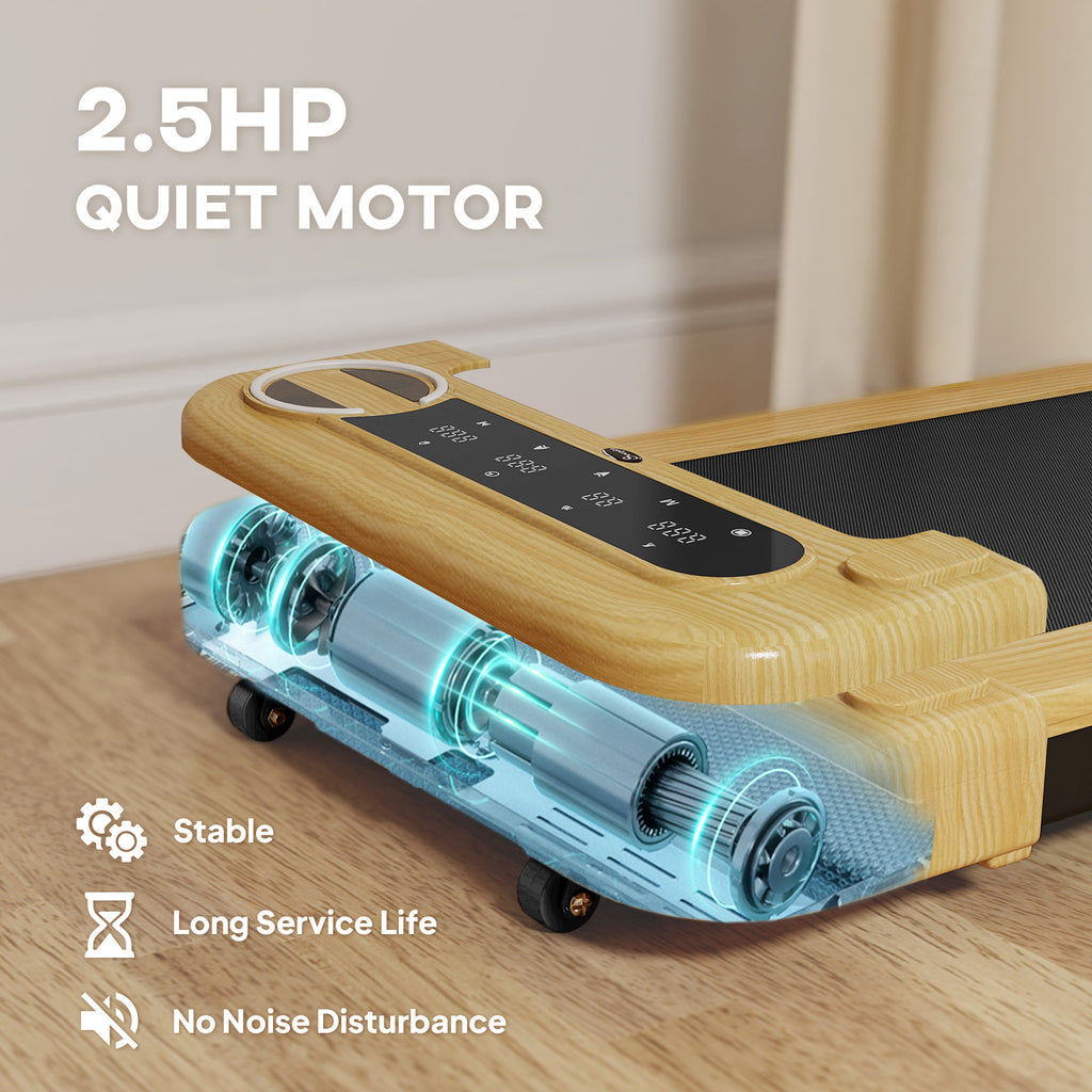 Wood walking treadmill with motor compartment and glowing internal parts beneath the deck