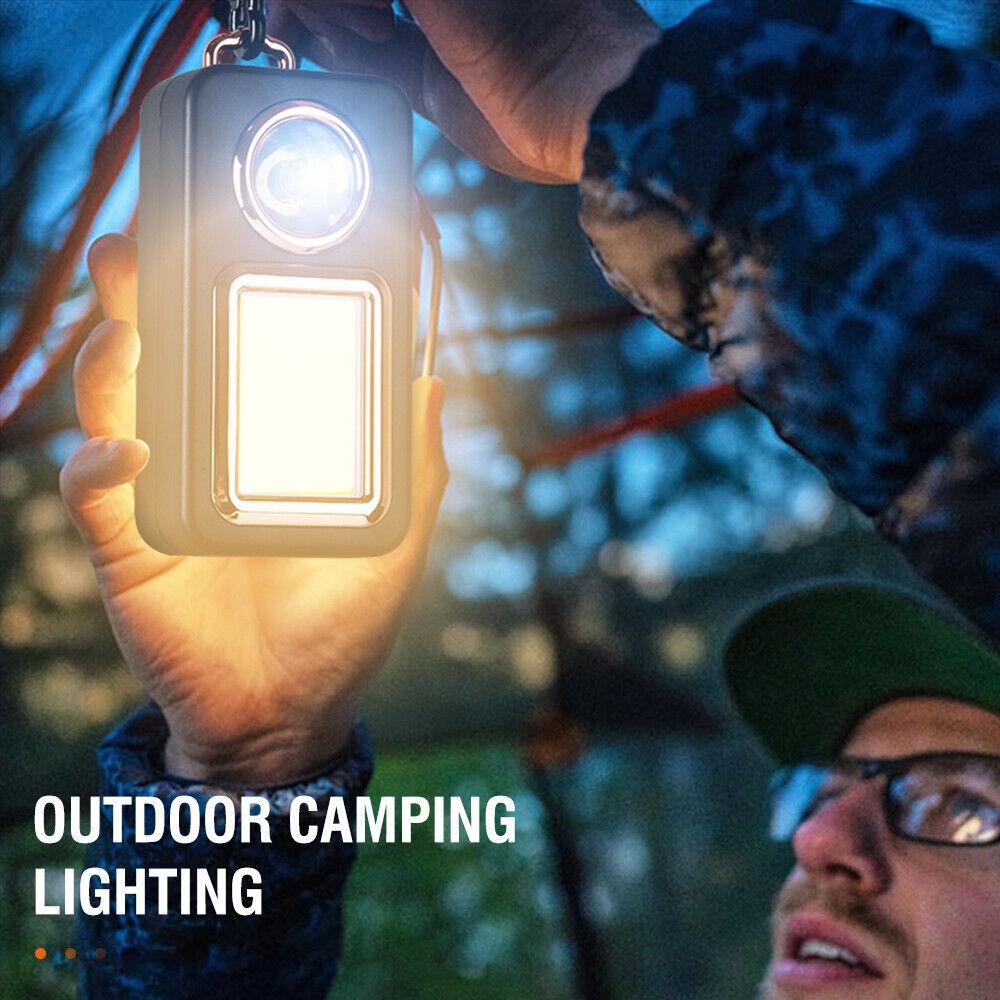 Handheld rechargeable camping lantern with top round LED and front square light, rose gold accents