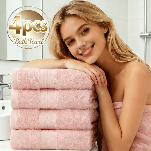 Pink cotton bath towel set, four folded towels with stitched border stripes